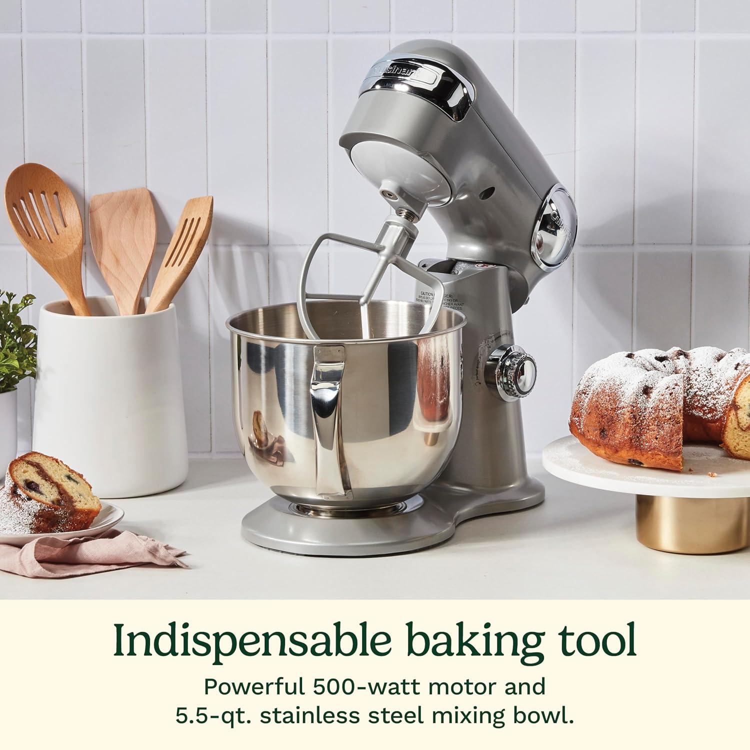 Cuisinart 5.5 Qt Stand Mixer 12-Speed 500W Tilt-Head Stainless Steel Bowl Whisk Dough Hook Paddle Splash Guard Silver Lining SM-50BC