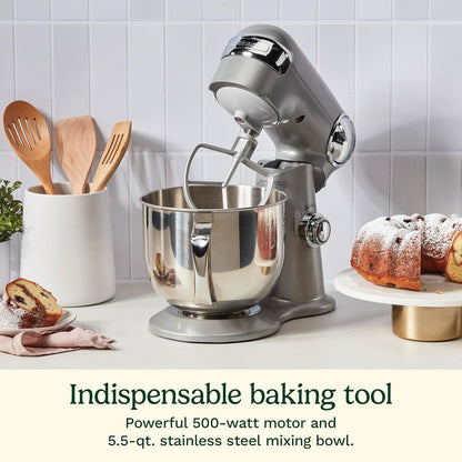 Cuisinart 5.5 Qt Stand Mixer 12-Speed 500W Tilt-Head Stainless Steel Bowl Whisk Dough Hook Paddle Splash Guard Silver Lining SM-50BC