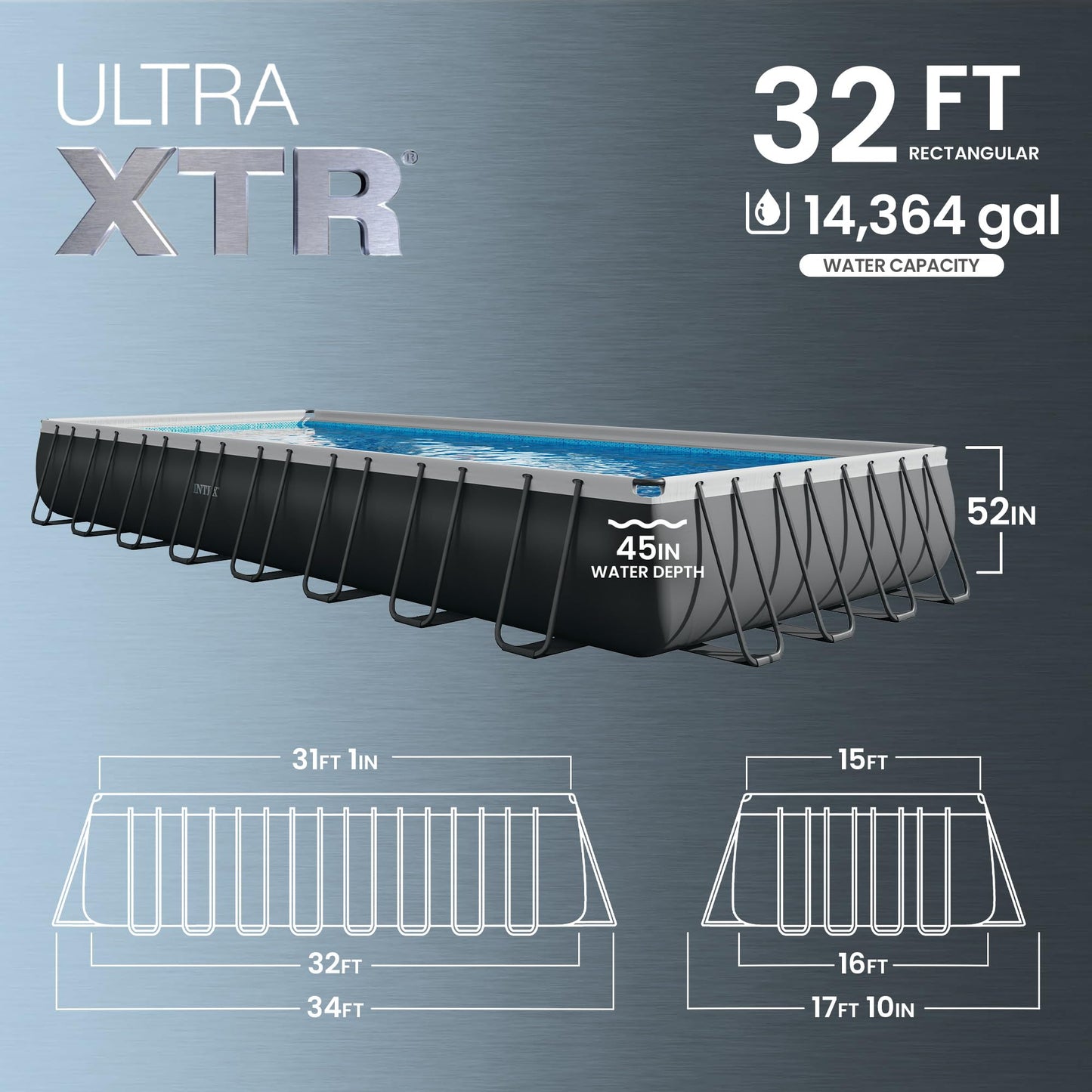 Ultra XTR 32 ft x 16 ft 52 in Above Ground Pool Set, Rectangular Swimming Pool