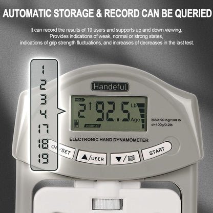 Handeful Electronic Hand Grip Strength Tester Dynamometer 198 lb Capacity Adjustable Handle LCD Display