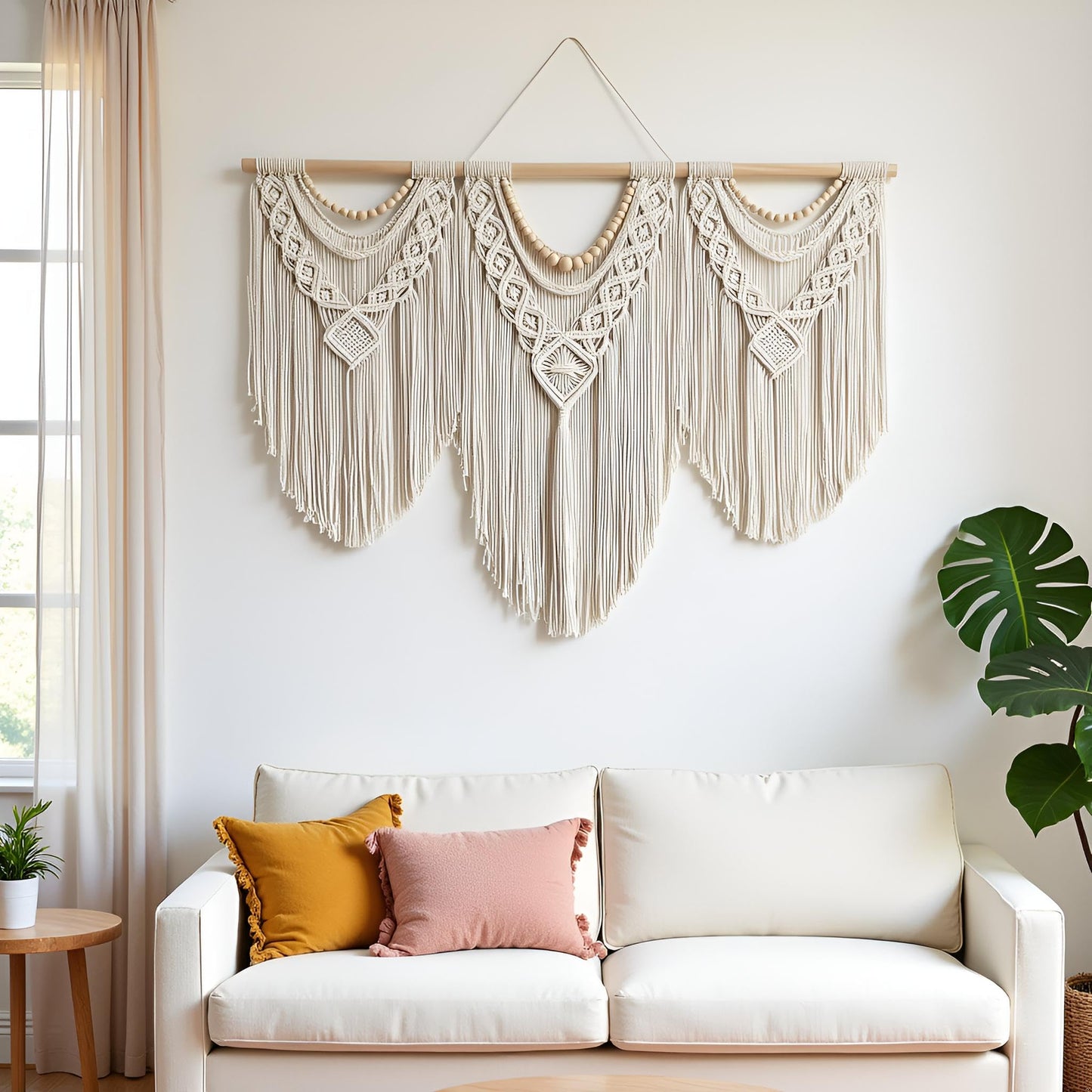 Large Macrame Wall Hanging – 43" x 32", Boho Wood Bead