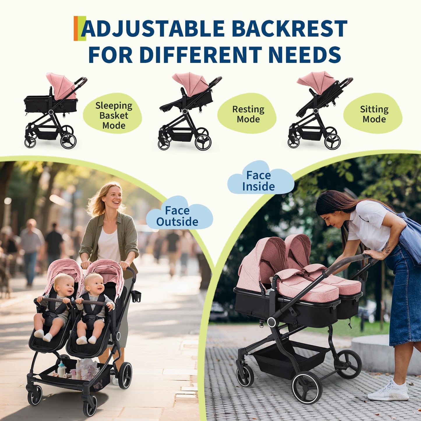 Pink double stroller for newborn and toddler with adjustable recline, canopy, lightweight fold, and parent cup holders.