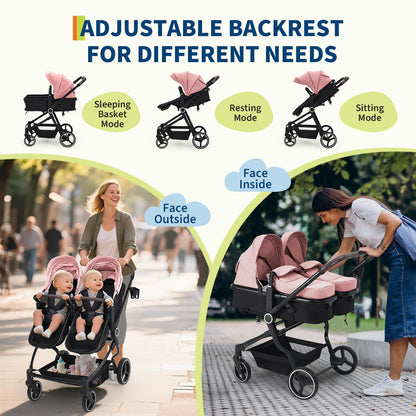 Pink double stroller for newborn and toddler with adjustable recline, canopy, lightweight fold, and parent cup holders.