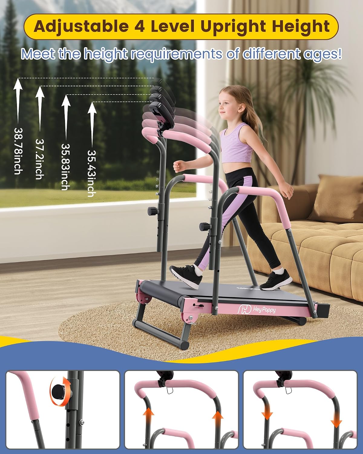 Heypappy Kids Manual Treadmill Adjustable Incline Handlebar Walking Pad 165 lb Capacity