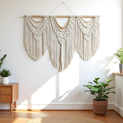 Large Macrame Wall Hanging – 43" x 32", Boho Wood Bead