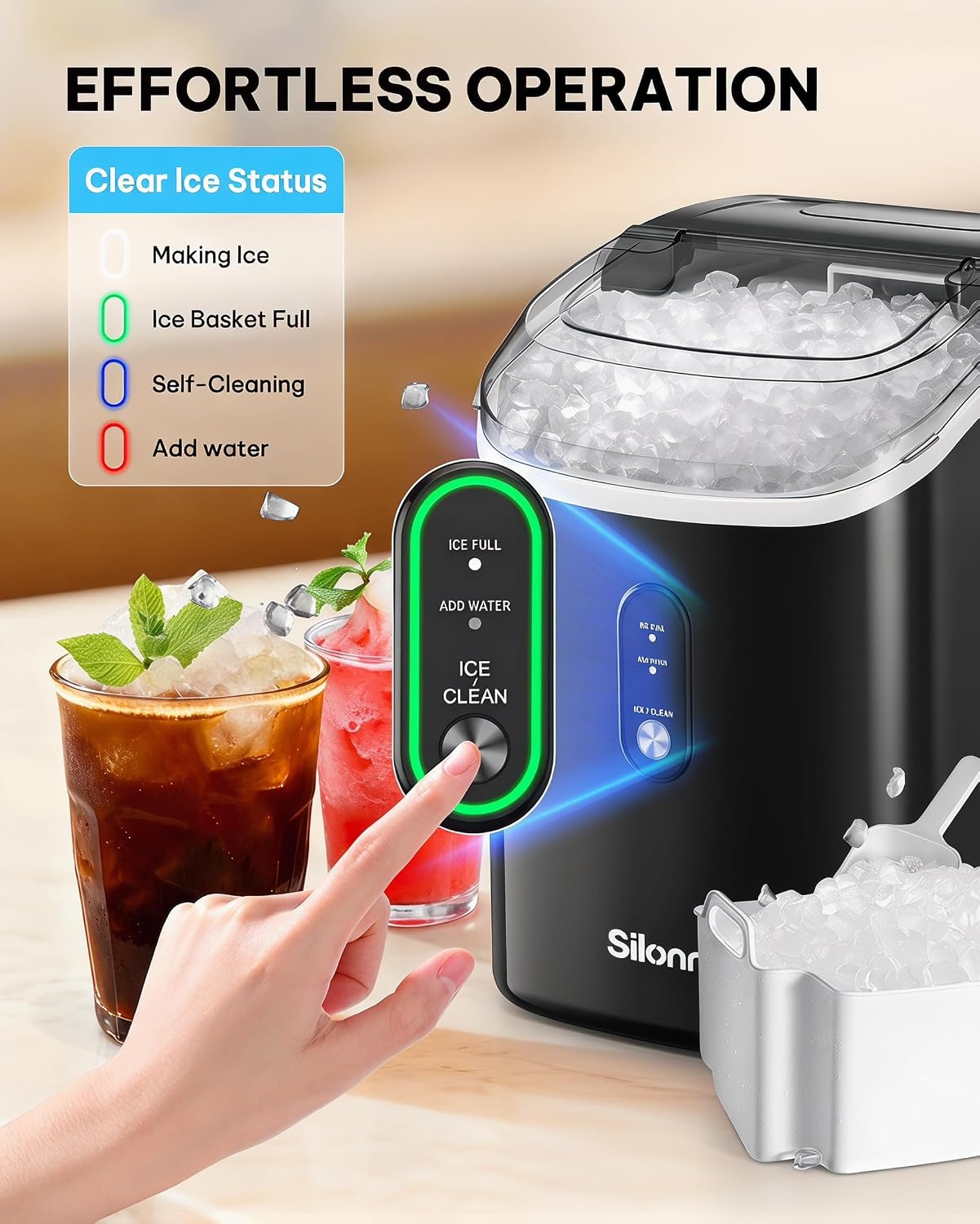 Silonn Nugget Ice Maker Countertop Chewable Pellet Ice Machine Self-Cleaning 36 lbs/Day Portable