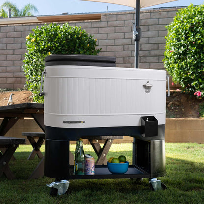 Permasteel Rolling Patio Cooler 120-Quart Outdoor Beverage Ice Chest with Wheels Farmhouse Design