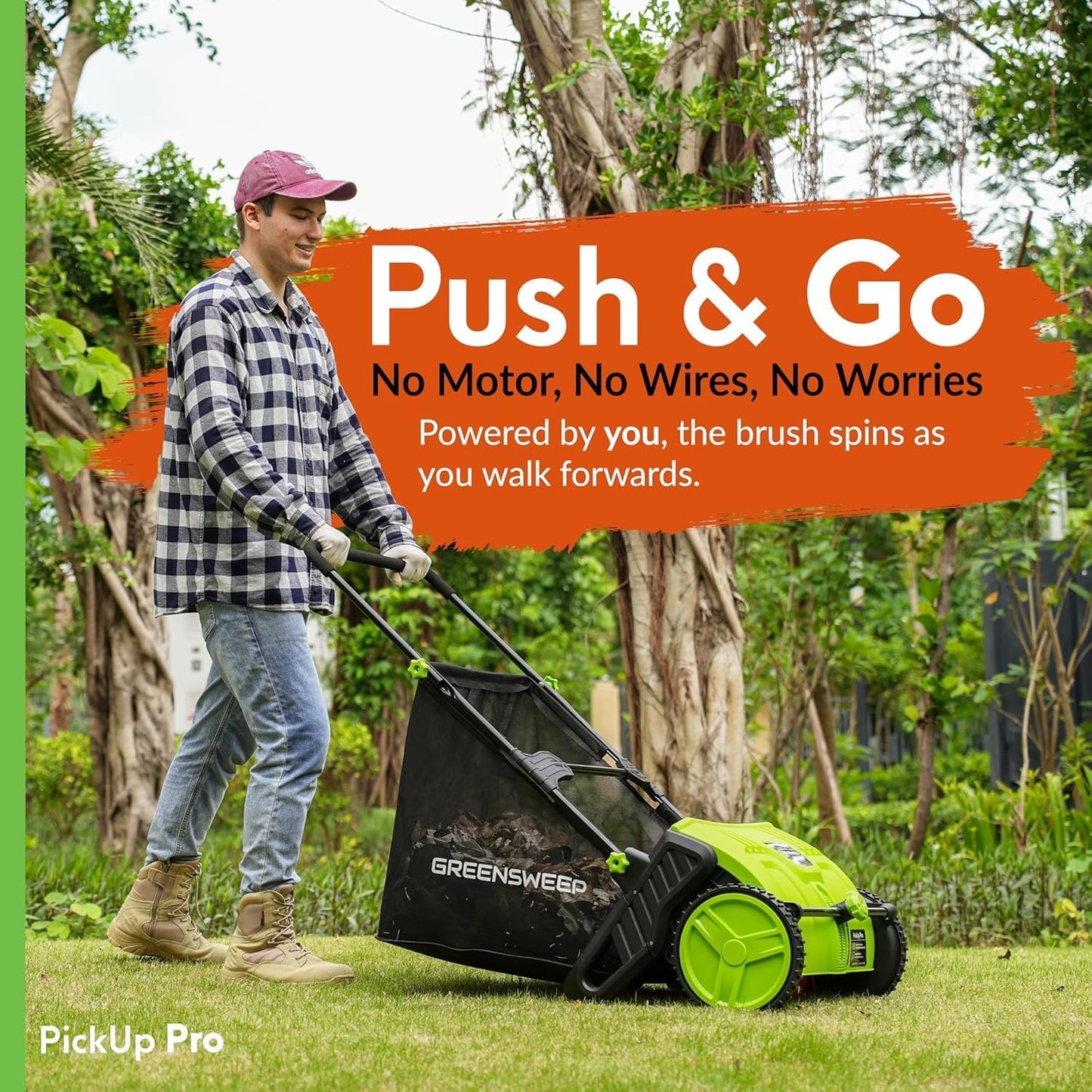 GreenSweep Pickup Pro V26 Push Lawn Sweeper 21-Inch Cutting Width 14 lb Manual Polypropylene Green GS-PP2V26