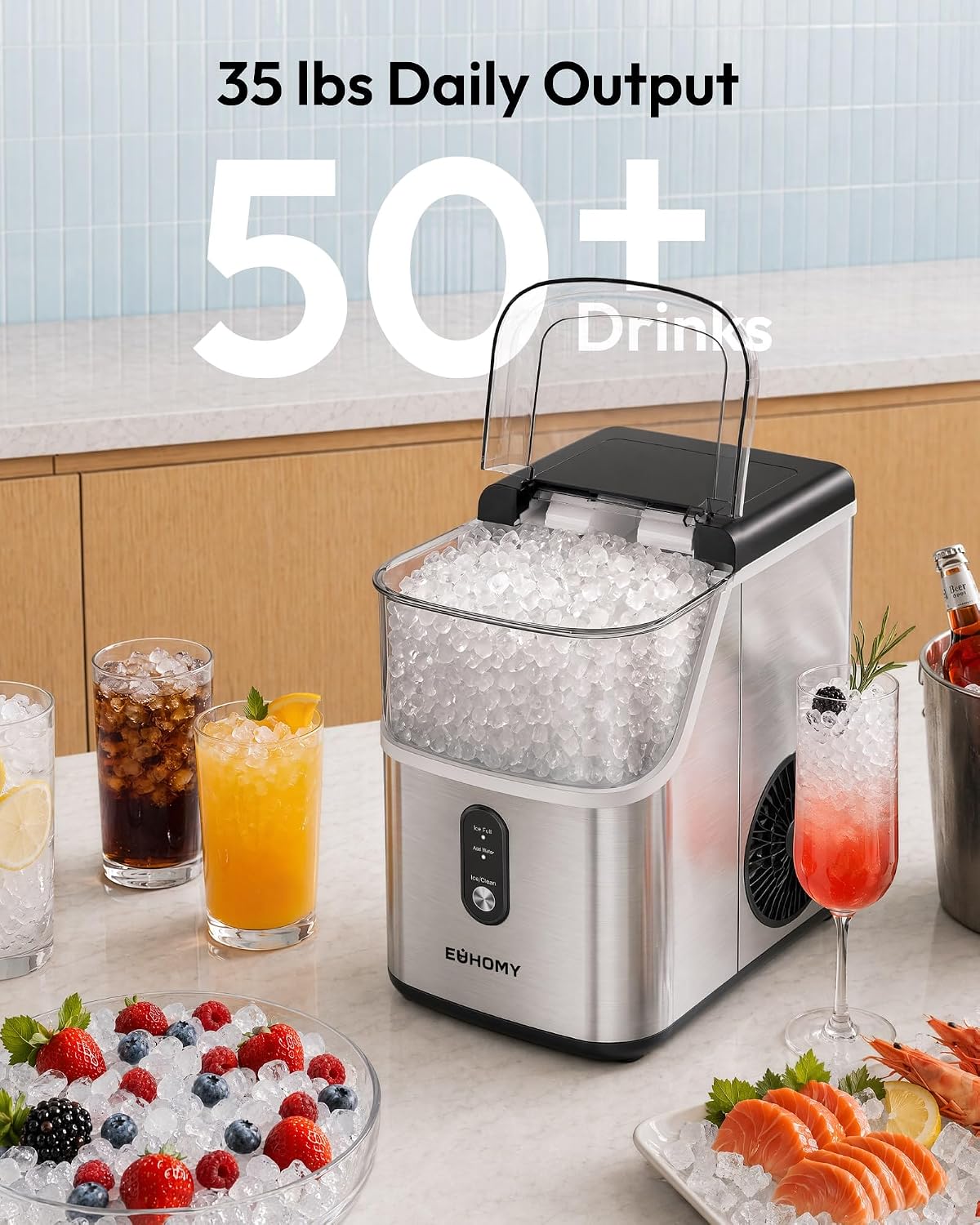 EUHOMY Nugget Ice Maker Countertop Chewable Pellet Ice Machine Self-Cleaning 35 lbs/Day Portable