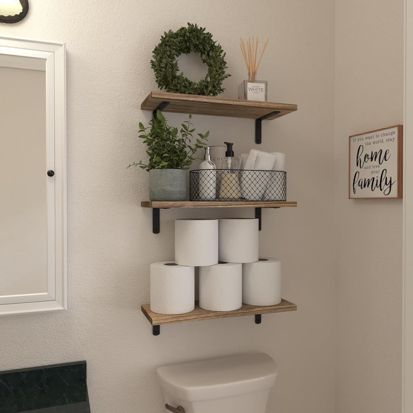 WOPITUES Floating Shelves Set of 6 Wall Mounted Wood Farmhouse Shelf 16.5 Inch Rustic Brown HM011A