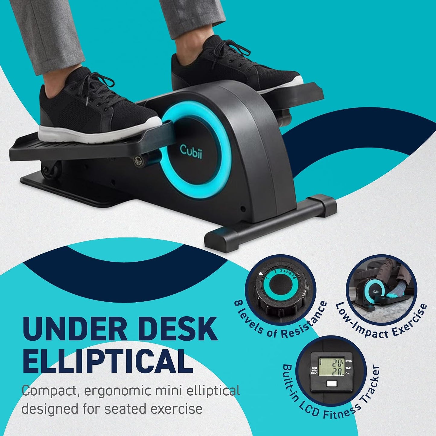 Cubii JR1 Under Desk Elliptical Seated Pedal Exerciser Compact Mini Elliptical Machine for Home Office Aqua