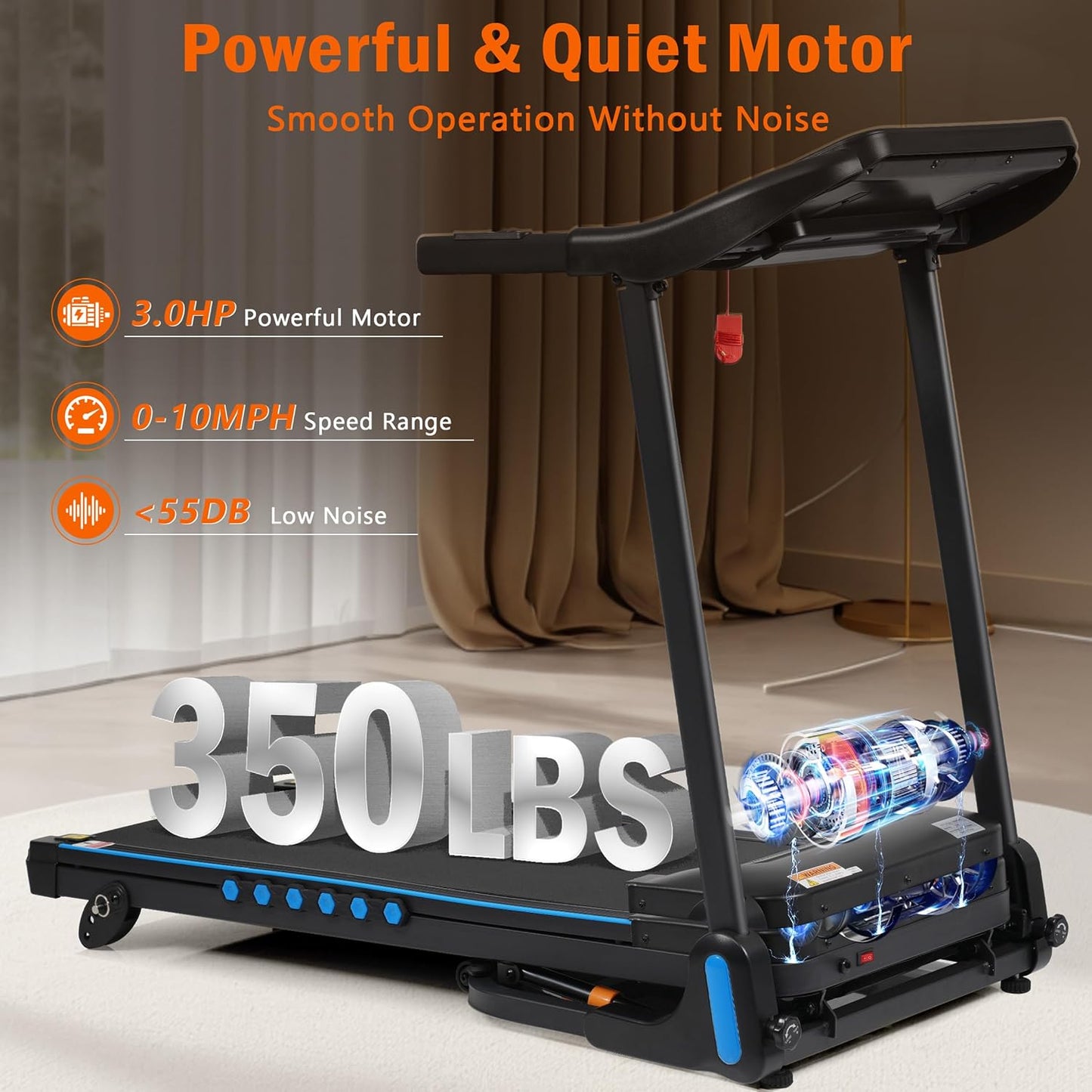 Incline Treadmill with 3.0 HP Motor 350 lb Capacity Auto-Folding Hydraulic System Black