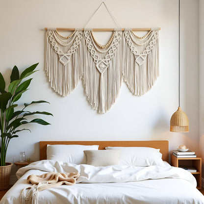 Large Macrame Wall Hanging – 43" x 32", Boho Wood Bead