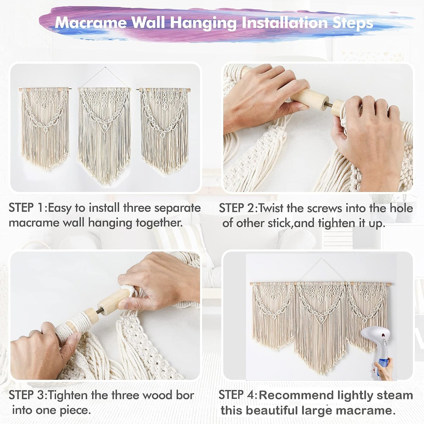 Mokof Large Macrame Wall Hanging Boho Tapestry Wall Art 43" x 32" Cotton Ivory