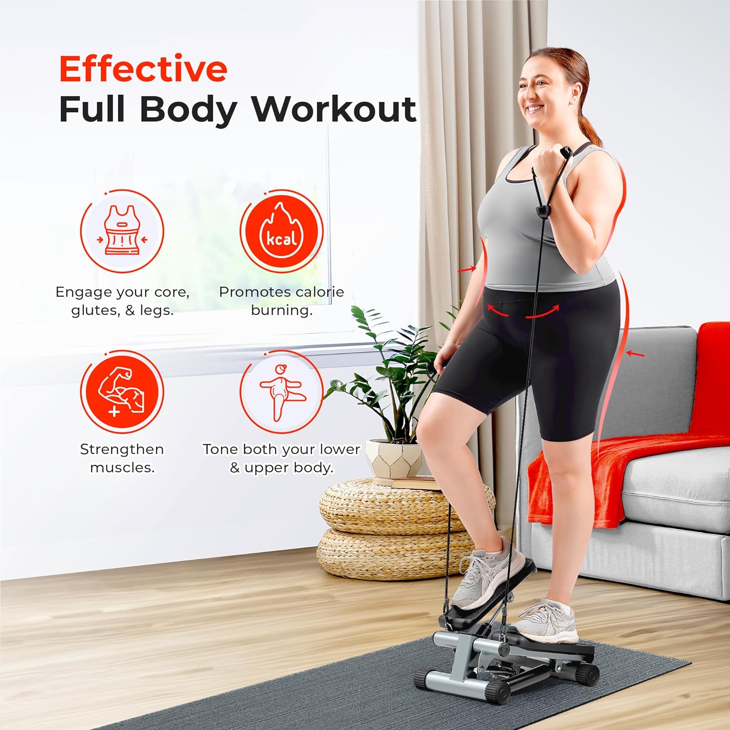 Sunny Health & Fitness Mini Stair Stepper with Resistance Bands Adjustable Hydraulic 300 lb Capacity LCD Monitor No Assembly