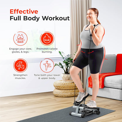 Sunny Health & Fitness Mini Stair Stepper with Resistance Bands Adjustable Hydraulic 300 lb Capacity LCD Monitor No Assembly