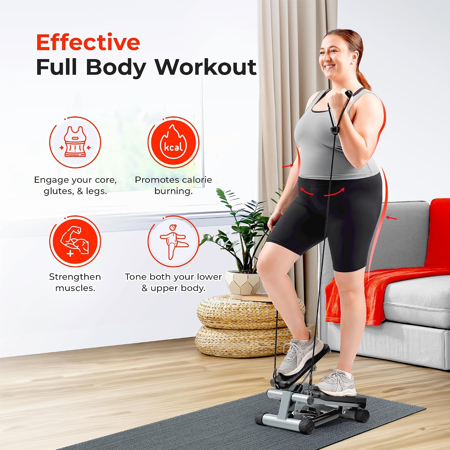 Sunny Health & Fitness Mini Stair Stepper with Resistance Bands Full Body Cardio Adjustable Height Hydraulic LCD 300 lb Capacity