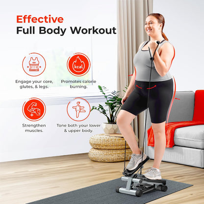 Sunny Health & Fitness Mini Stair Stepper with Resistance Bands Full Body Cardio Adjustable Height Hydraulic LCD 300 lb Capacity