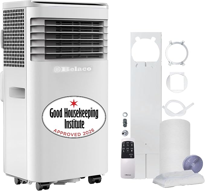 9000 BTU Portable Air Conditioner 4-in-1 Cooling Fan Dehumidifier 24Hr Timer Remote Control 28.8 L/Day 215 sq ft White