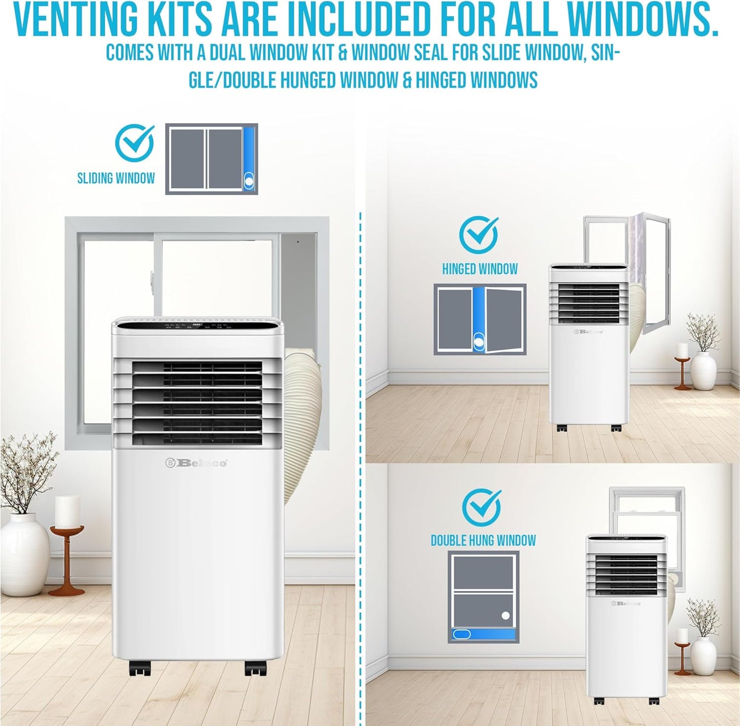 9000 BTU Portable Air Conditioner 4-in-1 Cooling Fan Dehumidifier 24Hr Timer Remote Control 28.8 L/Day 215 sq ft White