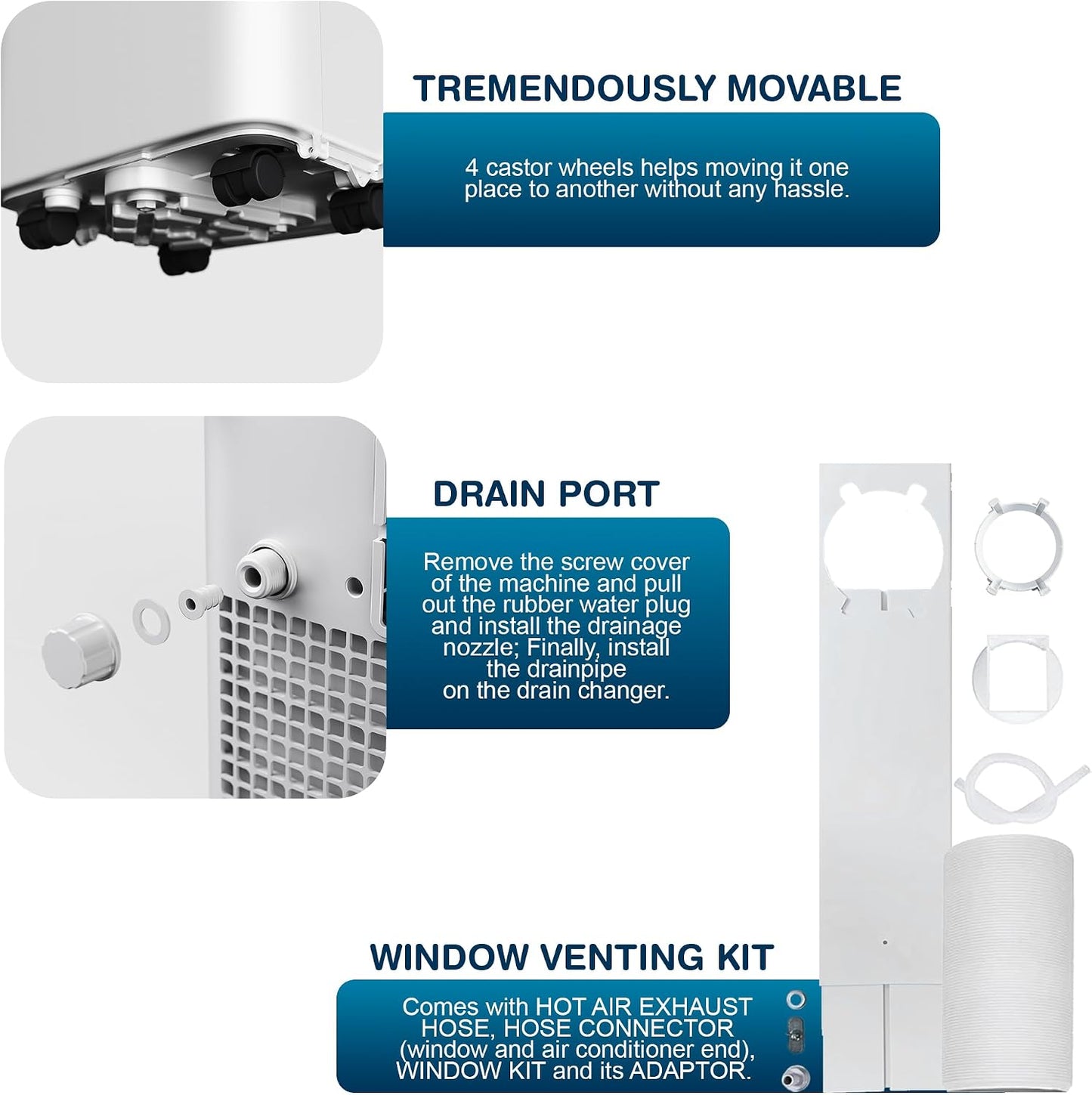 9000 BTU Portable Air Conditioner 4-in-1 Cooling Fan Dehumidifier 24Hr Timer Remote Control 28.8 L/Day 215 sq ft White