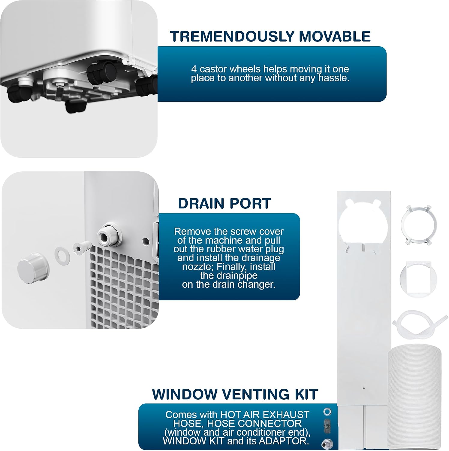 9000 BTU Portable Air Conditioner 4-in-1 Cooling Fan Dehumidifier 24Hr Timer Remote Control 28.8 L/Day 215 sq ft White