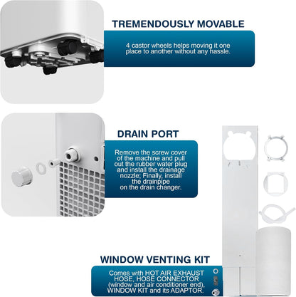 9000 BTU Portable Air Conditioner 4-in-1 Cooling Fan Dehumidifier 24Hr Timer Remote Control 28.8 L/Day 215 sq ft White
