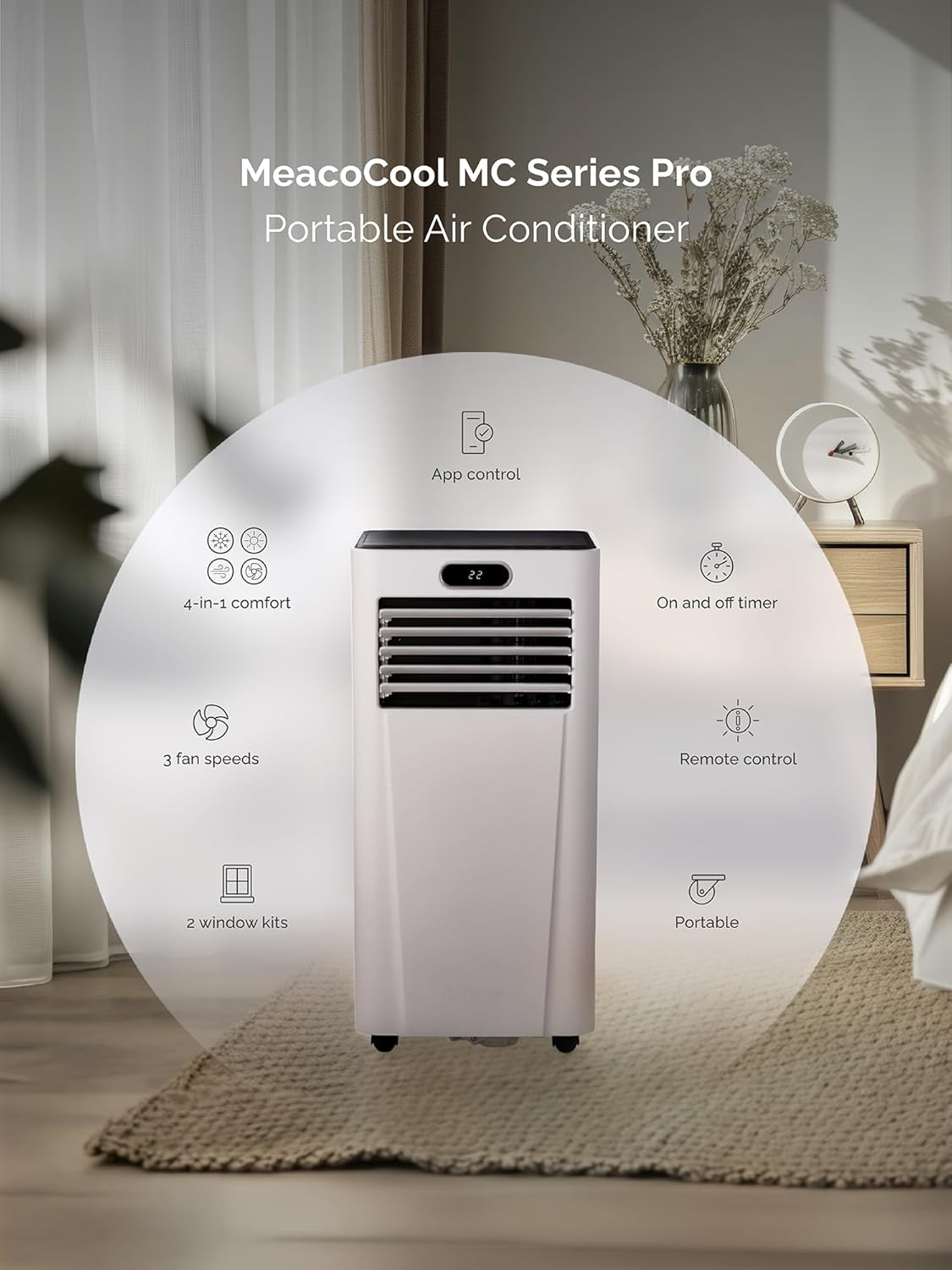 9000 BTU Portable Air Conditioner Wi-Fi Enabled App Control Low Energy Quiet 51-55 dB Free Window Kit White MC9000CHRPRO