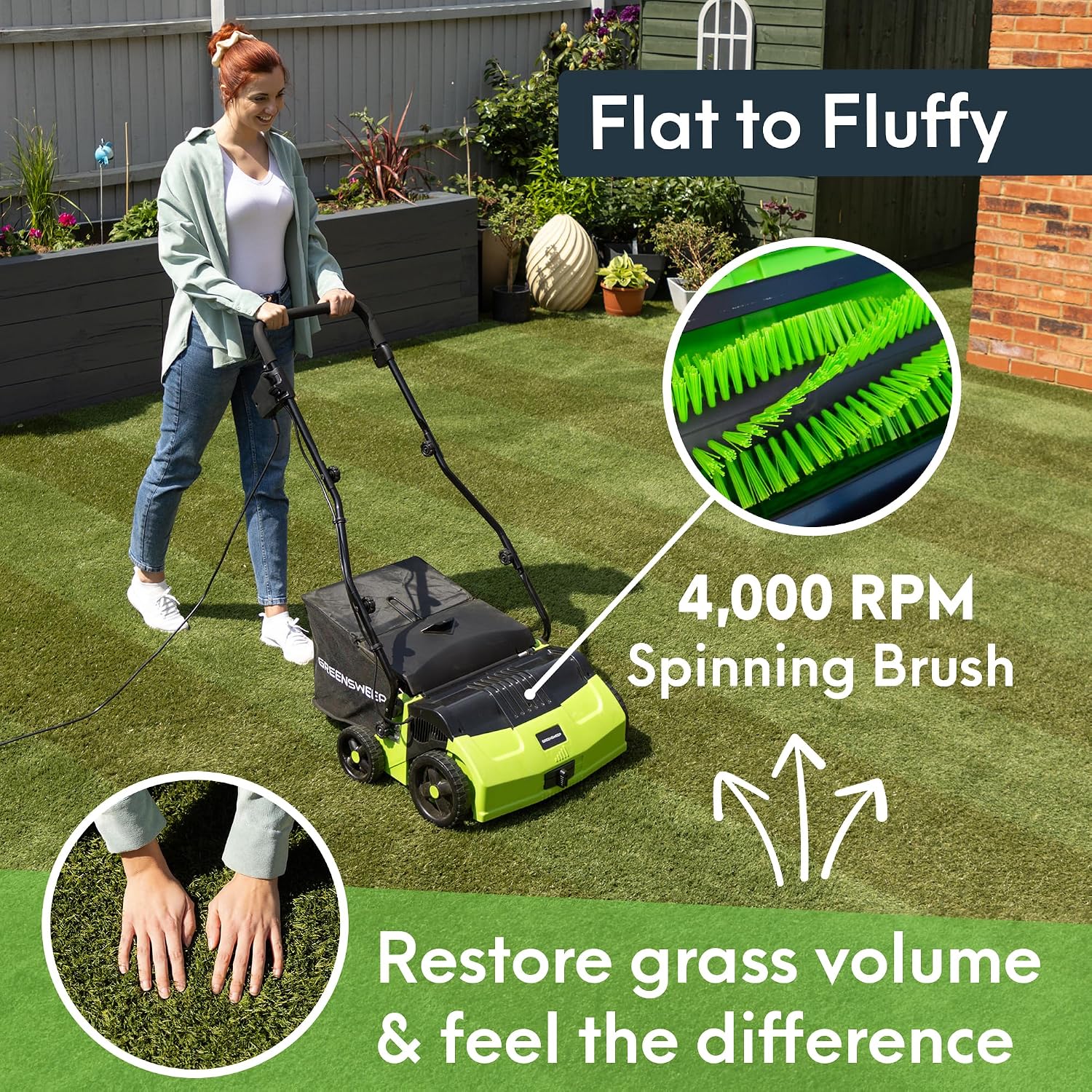 RGS Living GreenSweep V2 Artificial Grass Electric Sweeper Rake Vacuum 45L Collection Bag 5 Adjustable Heights Foldable Handle Extra Brush