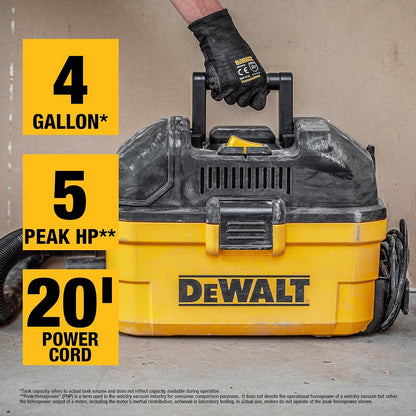 DEWALT DXV04T 4 Gallon 5 Peak HP Portable Corded Wet/Dry Shop Vacuum Yellow
