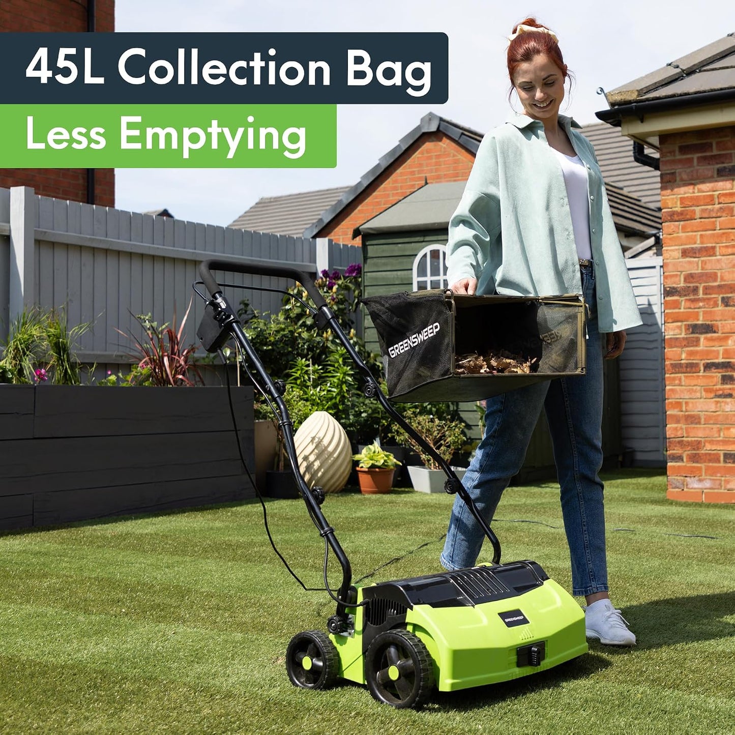RGS Living GreenSweep V2 Artificial Grass Electric Sweeper Rake Vacuum 45L Collection Bag 5 Adjustable Heights Foldable Handle Extra Brush