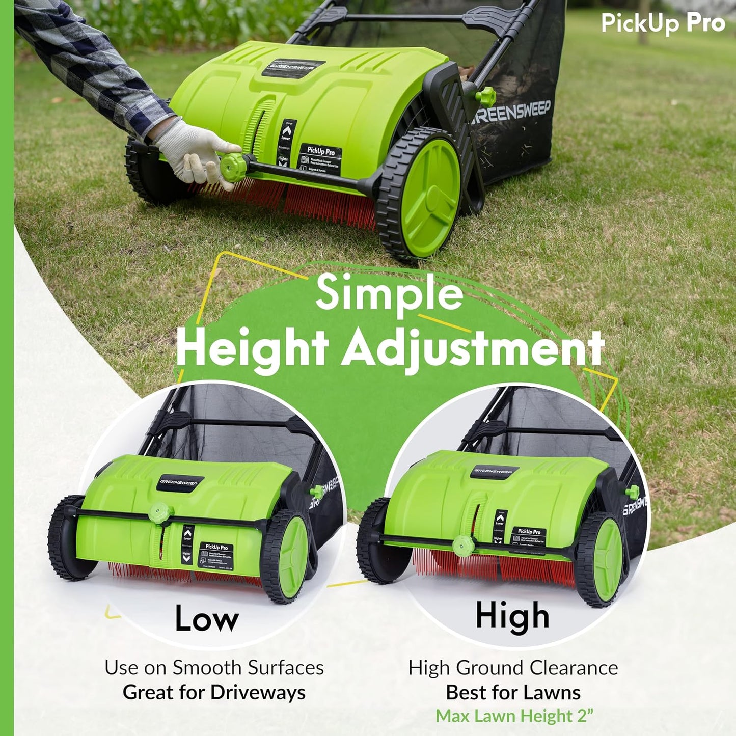 GreenSweep Pickup Pro V26 Push Lawn Sweeper 21-Inch Cutting Width 14 lb Manual Polypropylene Green GS-PP2V26