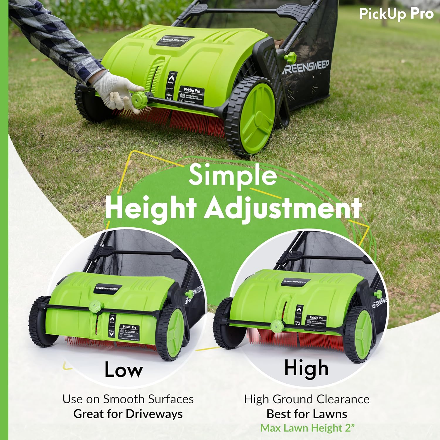GreenSweep Pickup Pro V26 Push Lawn Sweeper 21-Inch Cutting Width 14 lb Manual Polypropylene Green GS-PP2V26