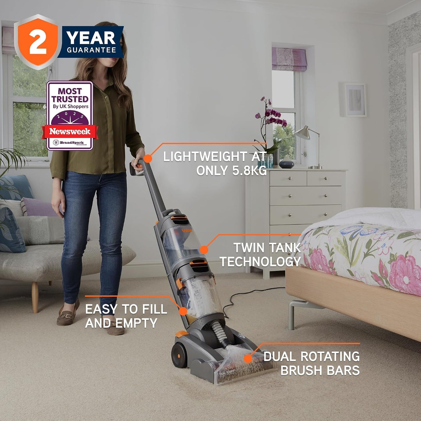 Dual Power Upright Carpet & Upholstery Cleaner W86-DP-B Stain & Odour Removal 2.7 L 12.8 lb Orange