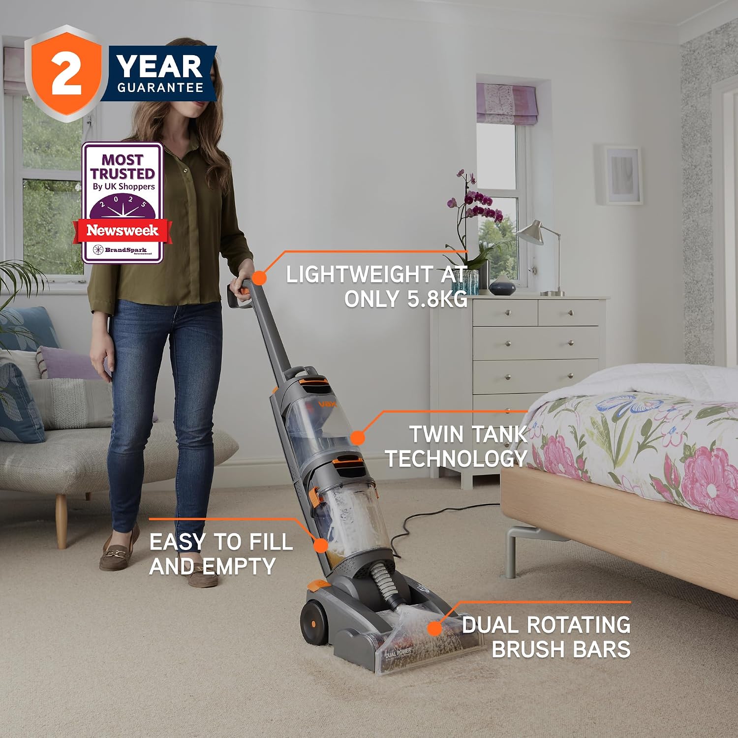 Dual Power Upright Carpet & Upholstery Cleaner W86-DP-B Stain & Odour Removal 2.7 L 12.8 lb Orange