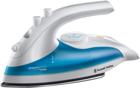 Dual Voltage Steam Glide Travel Iron 830W 80ml Tank Stainless Steel Soleplate 4.9 ft Cord Water Spray Variable Steam Control White/Blue