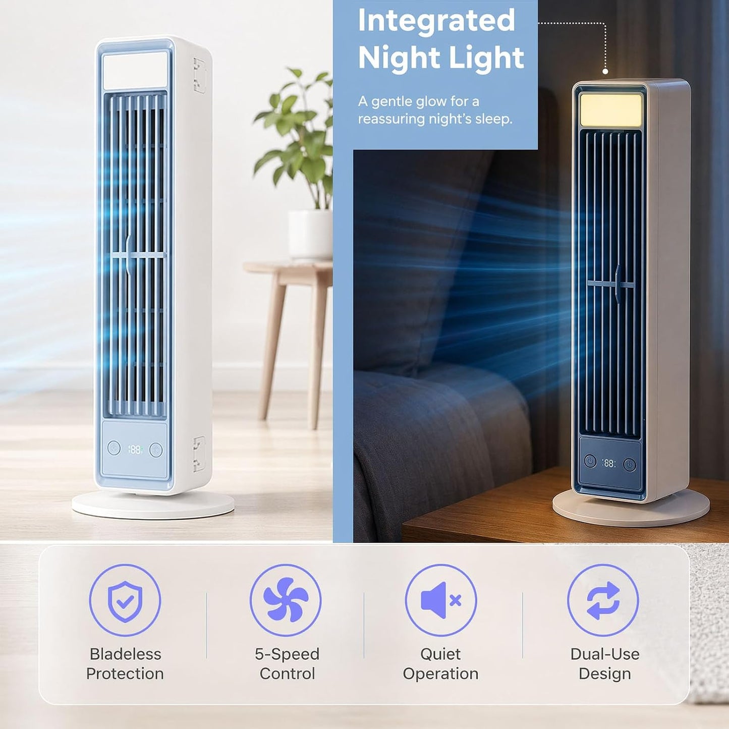 Portable Bladeless Air Cooler Fan 35CM 5 Speeds Quiet Remote Control White
