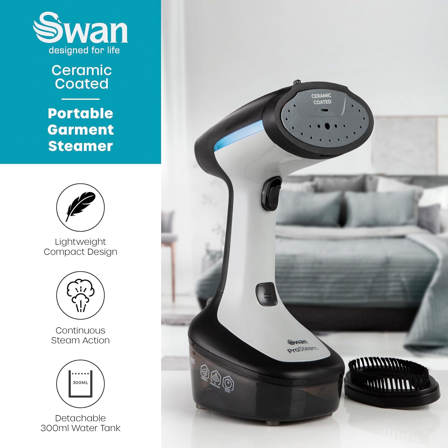 Portable Garment Steamer Lightweight Jet Steam Ceramic Coated Panel 1500W 300ml Tank 25 g Steam Rate 2.4 lb