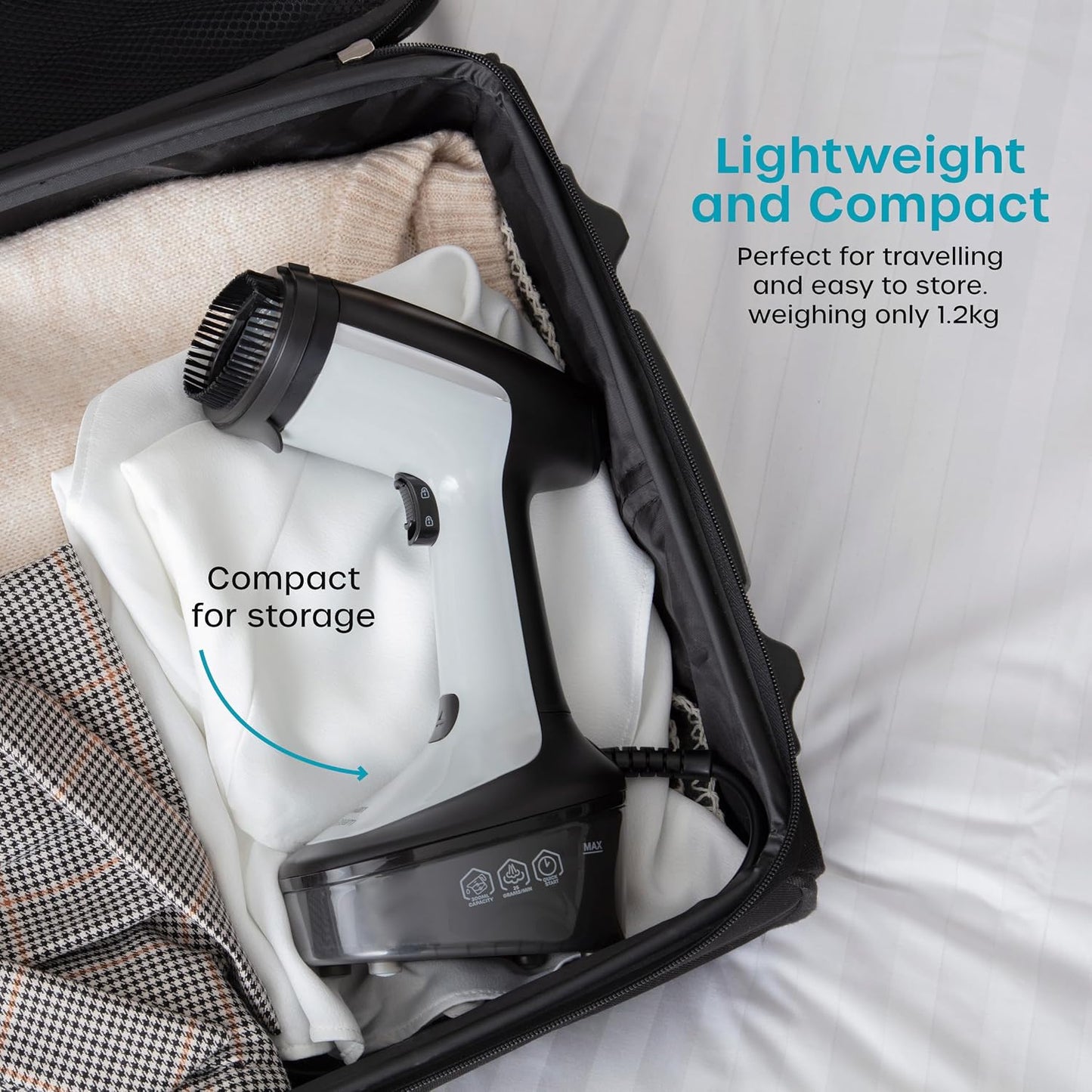 Portable Garment Steamer Lightweight Jet Steam Ceramic Coated Panel 1500W 300ml Tank 25 g Steam Rate 2.4 lb