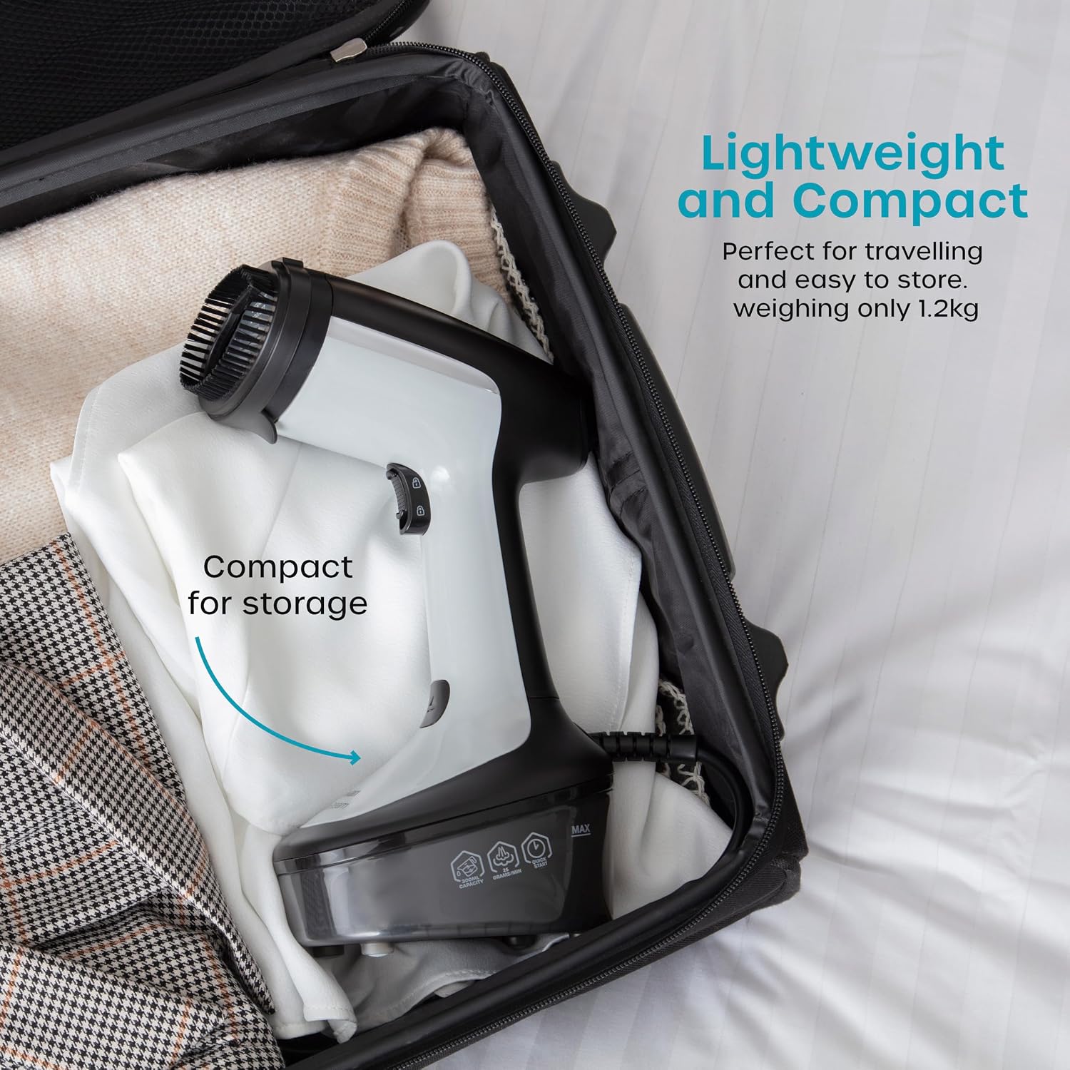 Portable Garment Steamer Lightweight Jet Steam Ceramic Coated Panel 1500W 300ml Tank 25 g Steam Rate 2.4 lb