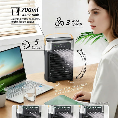 Portable Personal Air Cooler 700ml USB-Powered Mist Fan with Remote 3 Speeds 3 Mist Modes 7-Color Light 1-3H Timer 1.6 lb