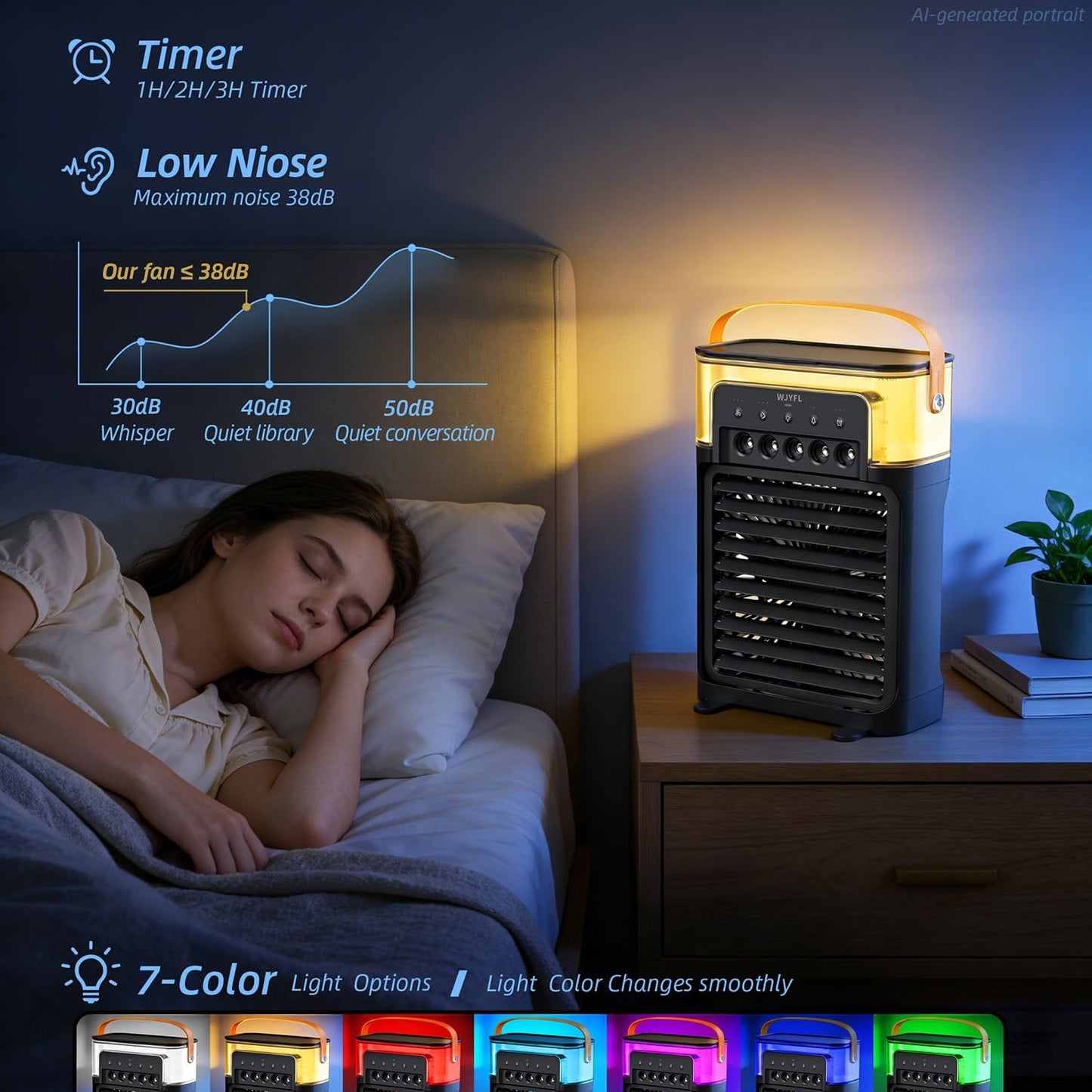 Portable Personal Air Cooler 700ml USB-Powered Mist Fan with Remote 3 Speeds 3 Mist Modes 7-Color Light 1-3H Timer 1.6 lb