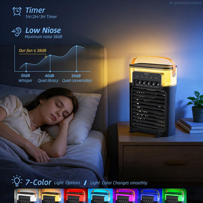 Portable Personal Air Cooler 700ml USB-Powered Mist Fan with Remote 3 Speeds 3 Mist Modes 7-Color Light 1-3H Timer 1.6 lb