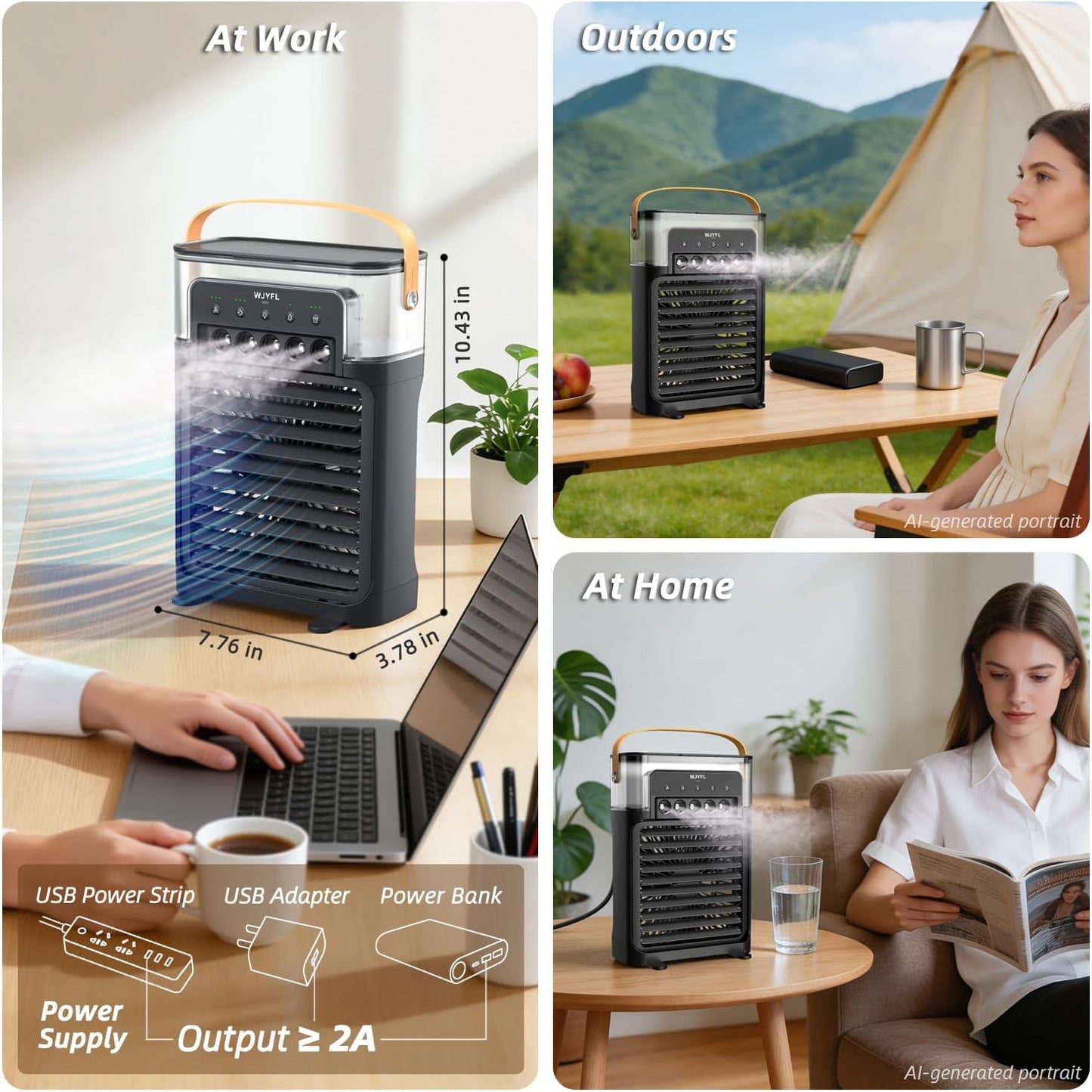 Portable Personal Air Cooler 700ml USB-Powered Mist Fan with Remote 3 Speeds 3 Mist Modes 7-Color Light 1-3H Timer 1.6 lb