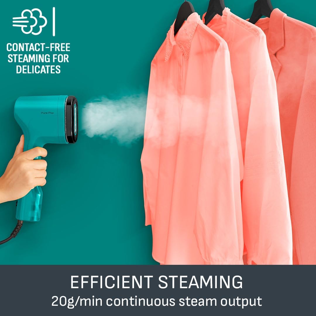 Pure Pop Slim Handheld Clothes Steamer 20 g/min 15-Second Heat-Up 70 ml Detachable Tank Travel-Ready Green