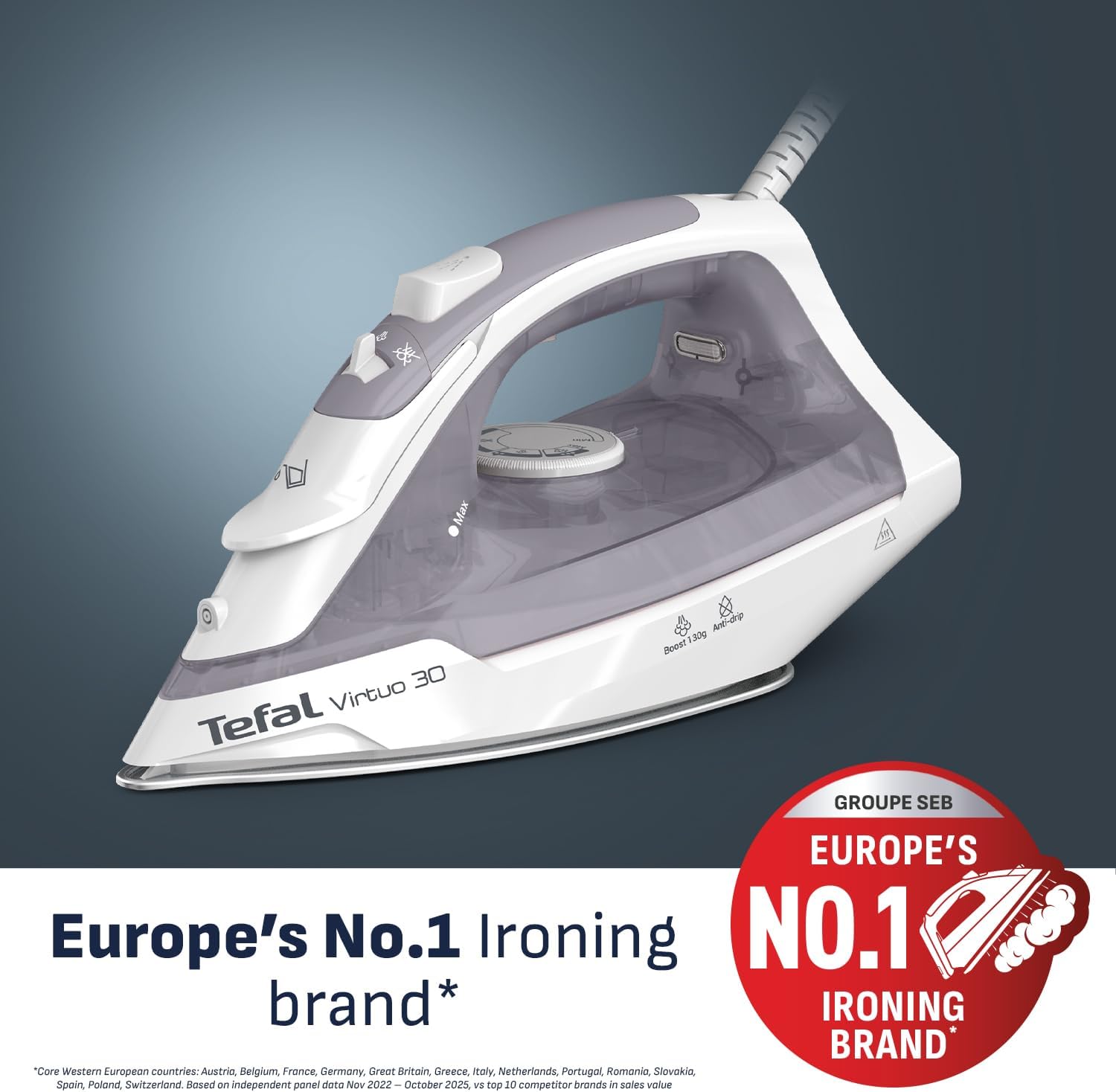 Virtuo 30 2000W Steam Iron Ceramic Soleplate Anti-Drip 130 g/min Steam Boost 27 g/min Continuous 8.1 fl oz Tank Vertical Steam 30-Second Heat-Up FV2C47G0